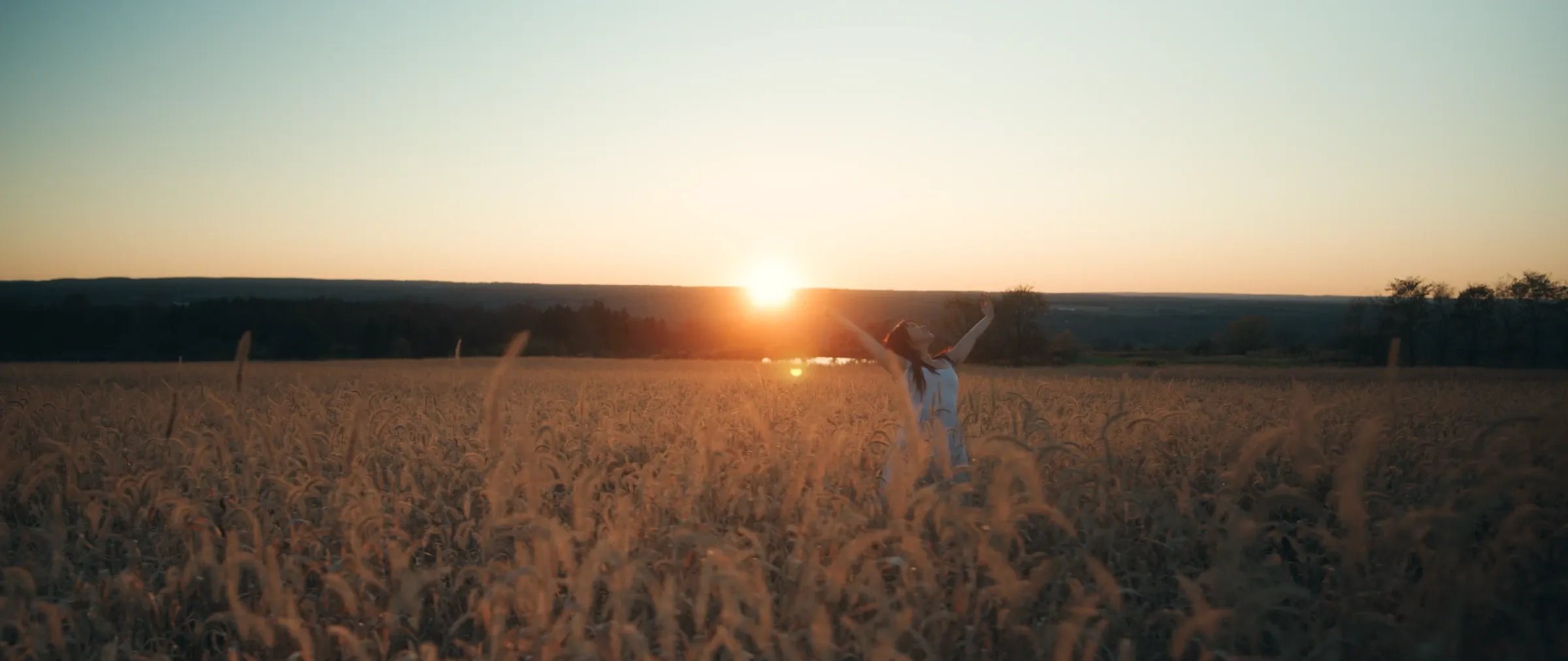 A woman raises her arms in a golden field at sunset.